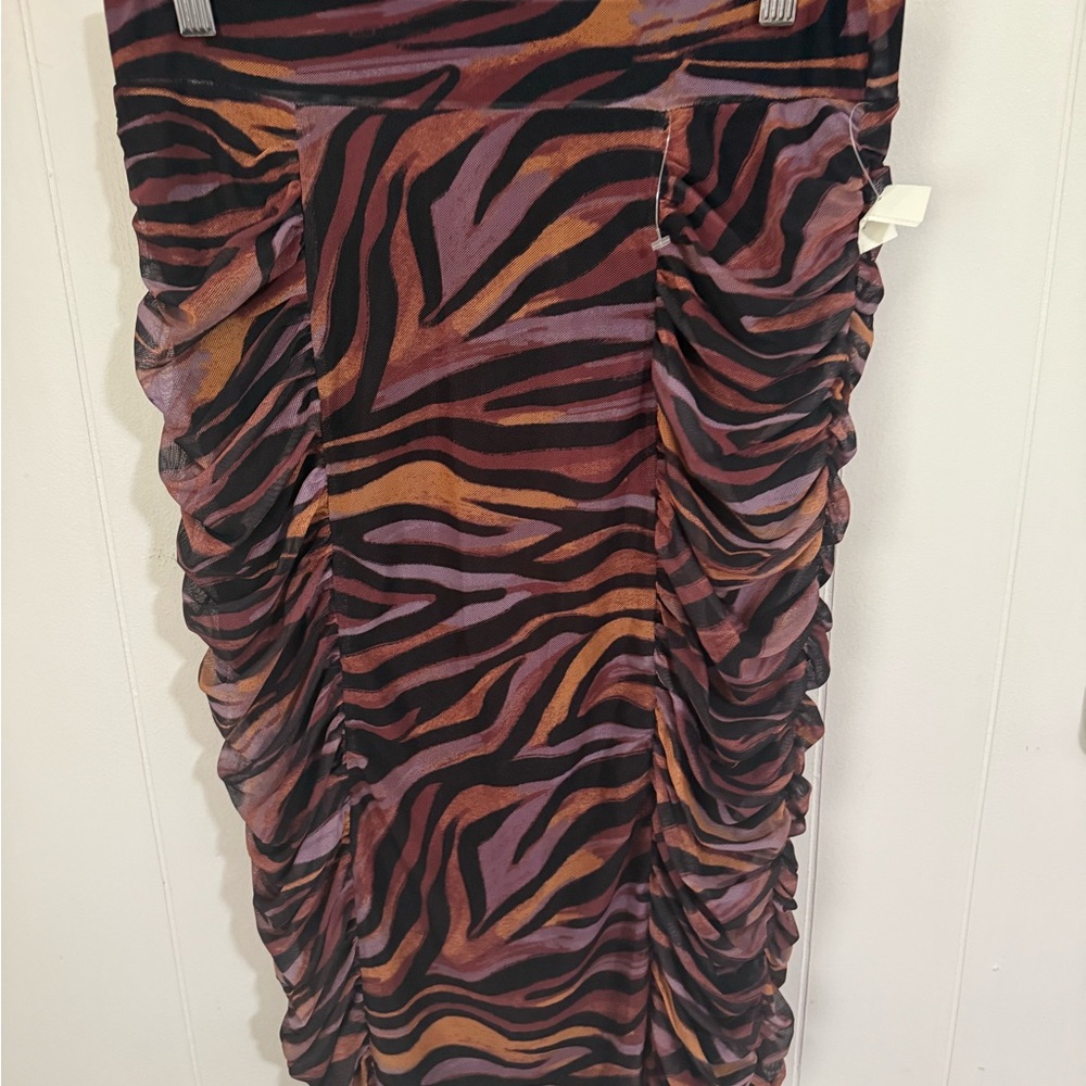 Cable & Gauge Zebra-Print Ruched Midi Skirt in Purple and Brown